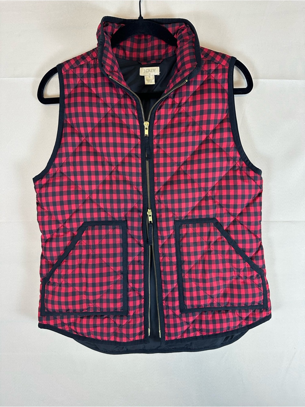 J.Crew Excursion Quilted Down Vest Red Black Buffalo Check Small Gold Zip